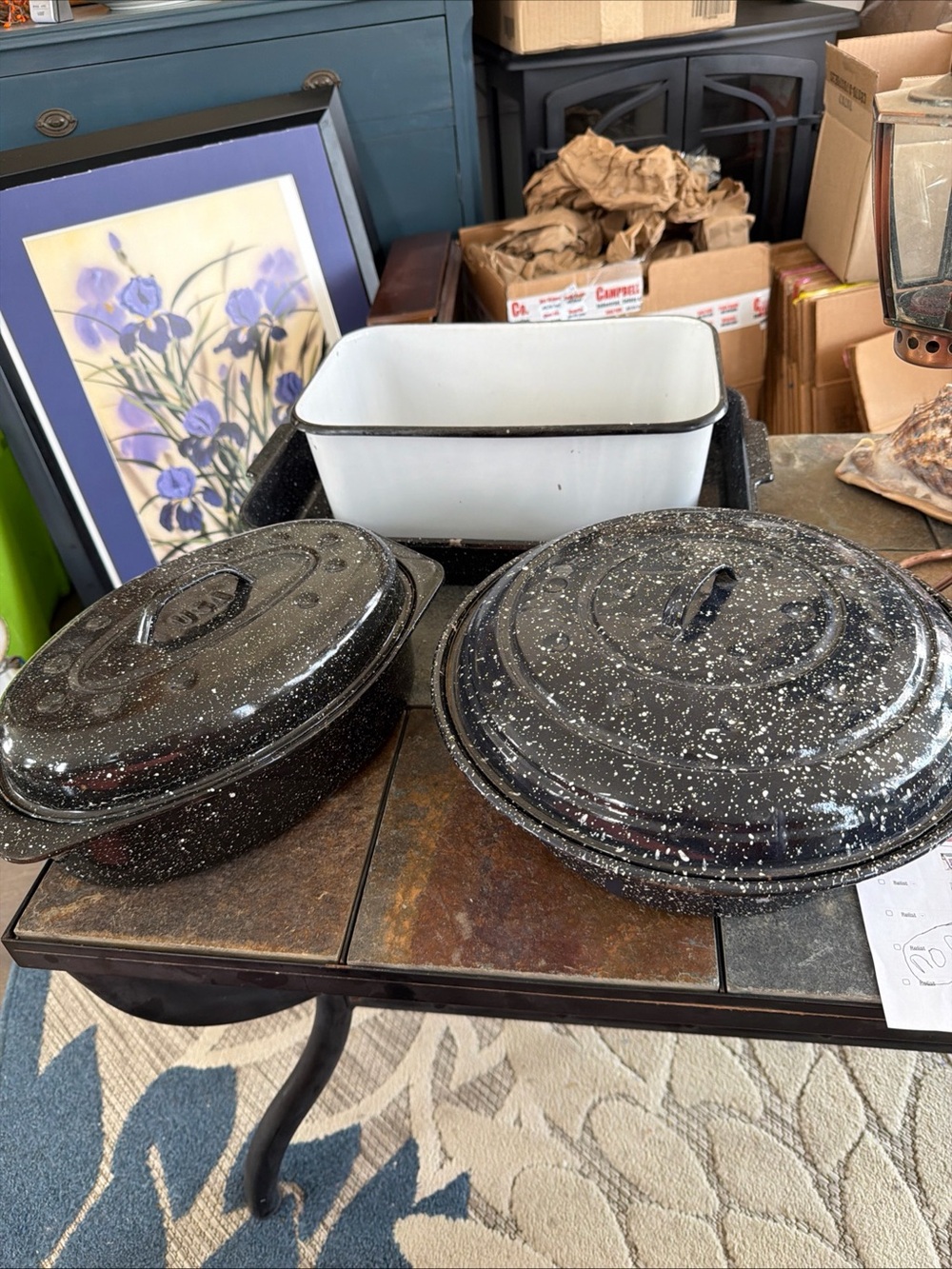 Black Speckled Enamel Roasting and Baking Set vintage 2 Roasters & 2 Pans